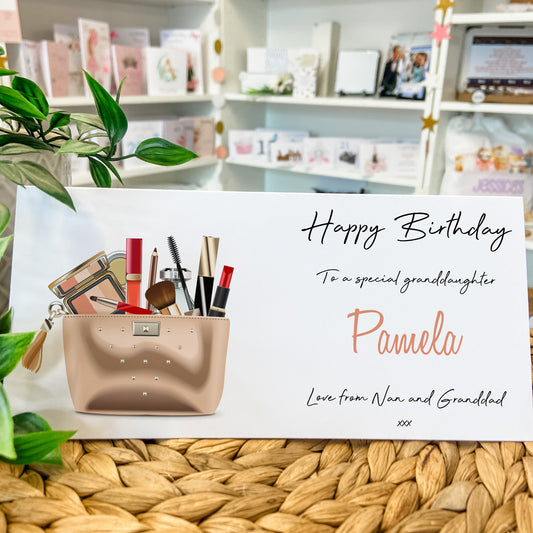 Personalised Birthday Card Wallet Gift Voucher Makeup Bag