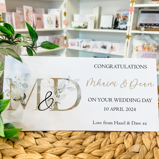 Personalised Wedding Card Money Gift Wallet Vouchers Cash Floral Initials