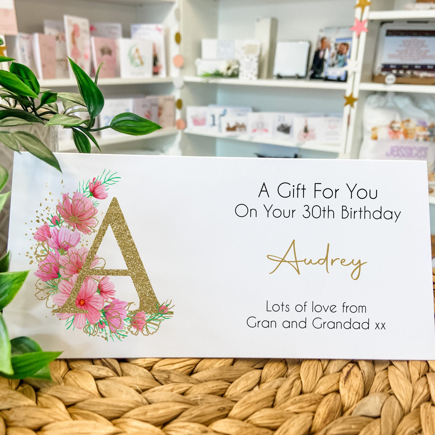 Personalised Birthday Card Money Gift Wallet Voucher Gold Pink Floral