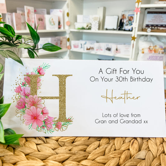 Personalised Birthday Card Money Gift Wallet Voucher Gold Pink Floral