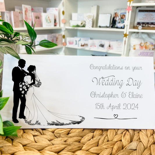 Personalised Wedding Card Money Gift Wallet Vouchers Cash Bride Groom Silhouette