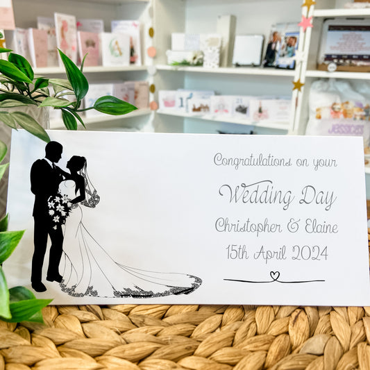 Personalised Wedding Card Money Gift Wallet Vouchers Cash Bride Groom Silhouette