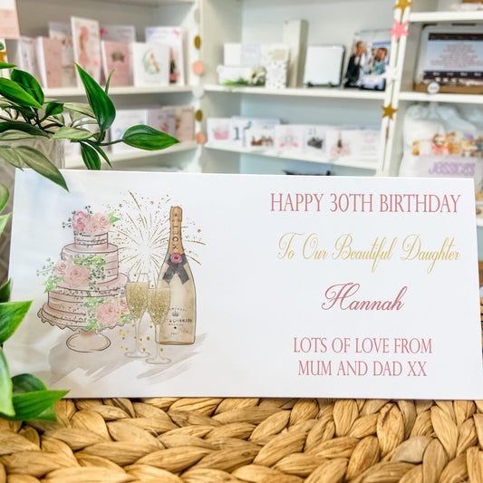 Personalised Birthday Card Wallet Gift Voucher Cake & Champers