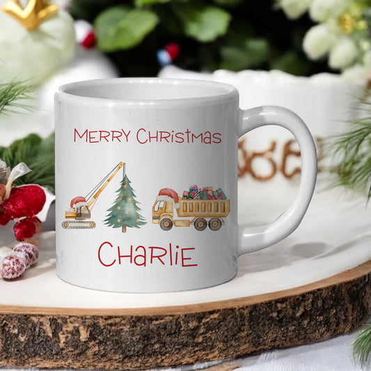 Personalised Children’s Christmas Mug – Construction Design | Custom Name Kids Holiday Gift