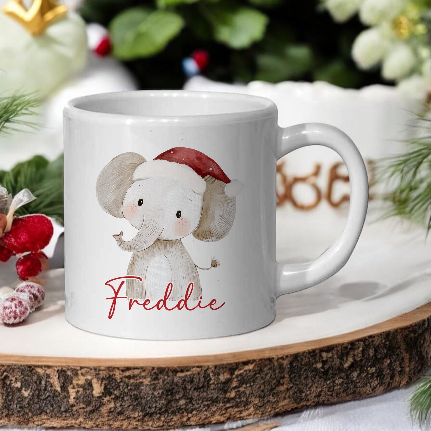 Personalised Children’s Christmas Mug – Elephant Design | Custom Name Kids Holiday Gift