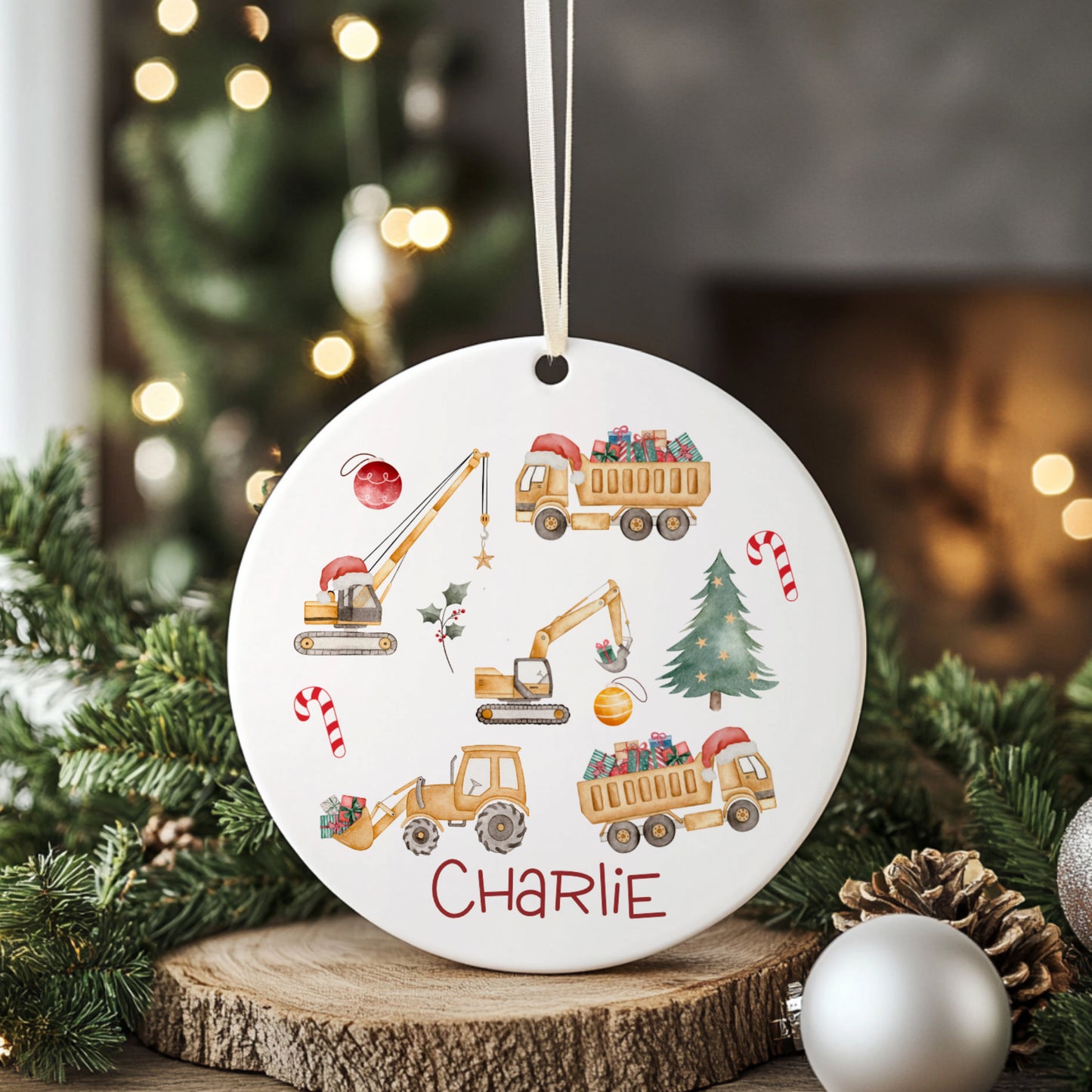 Digger Themed Personalised Christmas Ornament – Custom Tree Decoration for Children