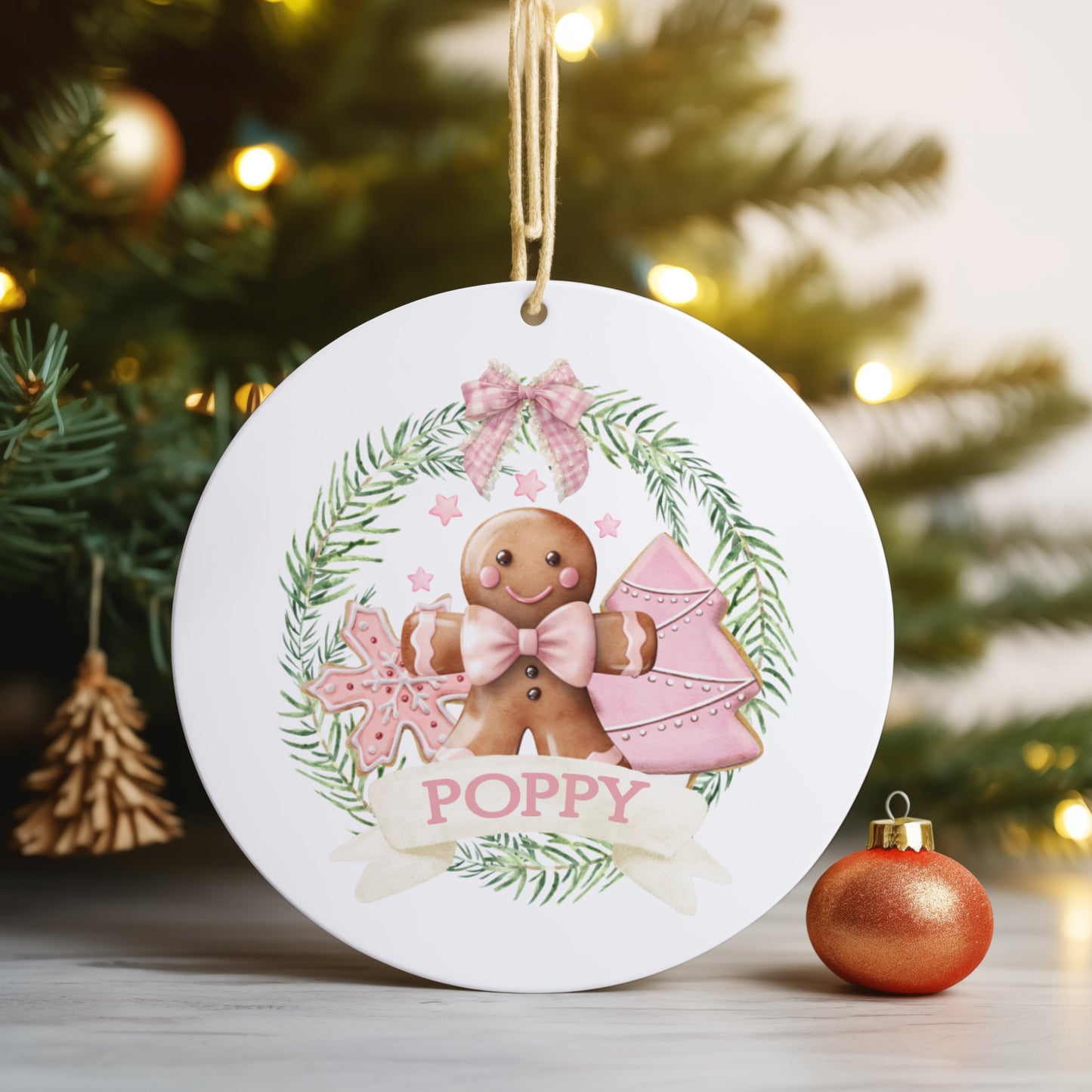 Personalised Christmas Ornament – Custom Tree Decoration For Children, Pink Gingerbread