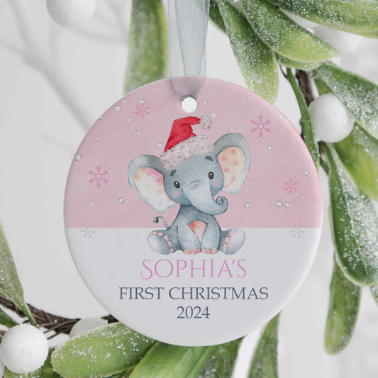 Personalised Christmas Tree Ornament Decoration, Babies First Christmas Pink Elephant