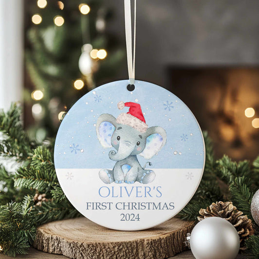 Personalised Christmas Tree Ornament Decoration, Babies First Christmas Blue Elephant