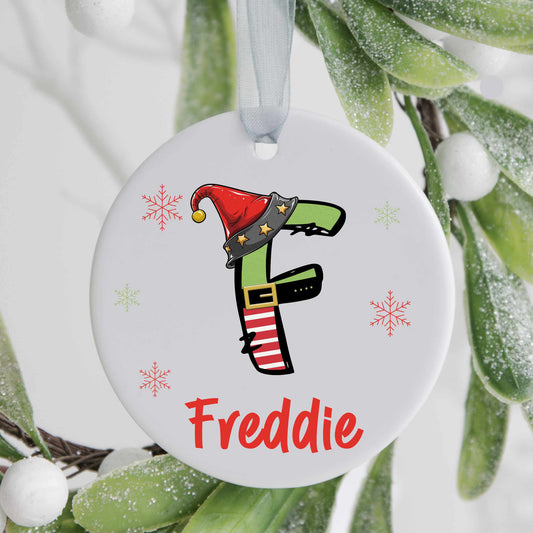 Personalised Christmas Tree Ornament Decoration, Elf Initial