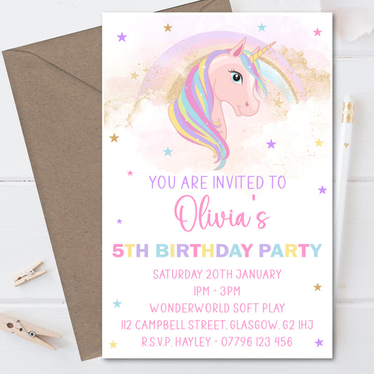 Personalised Printed Unicorn Birthday Party Invitations