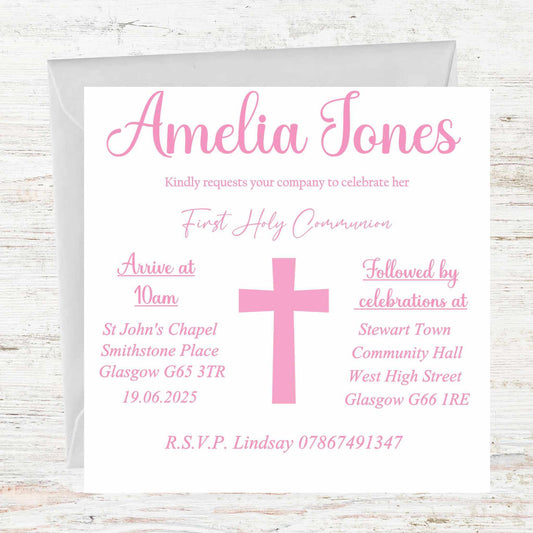 First Holy Communion Invitations Pink Cross
