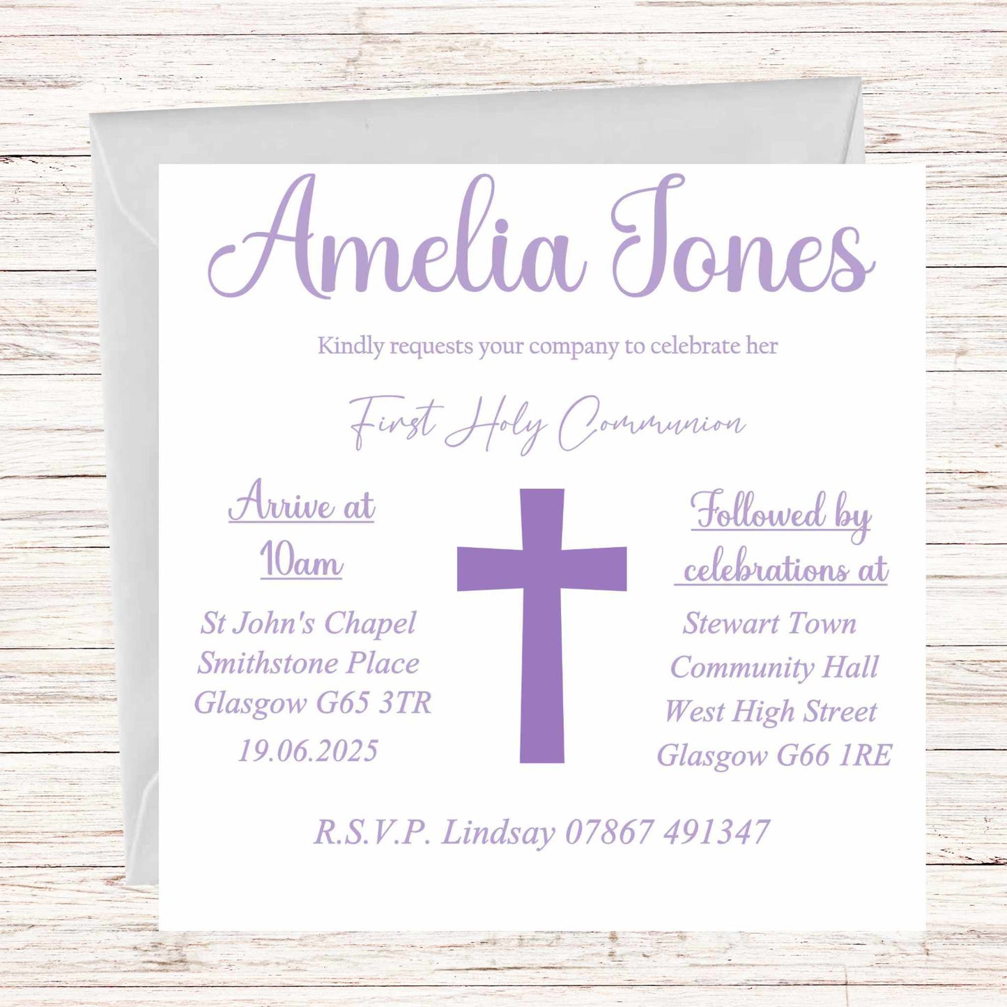 First Holy Communion Invitations Purple Cross