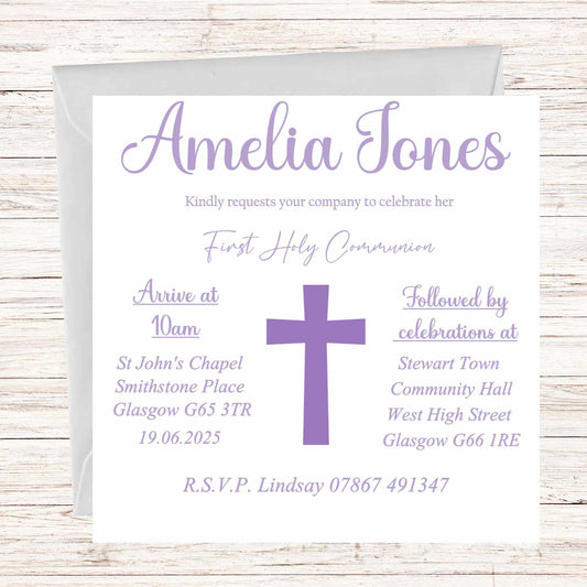 First Holy Communion Invitations Purple Cross