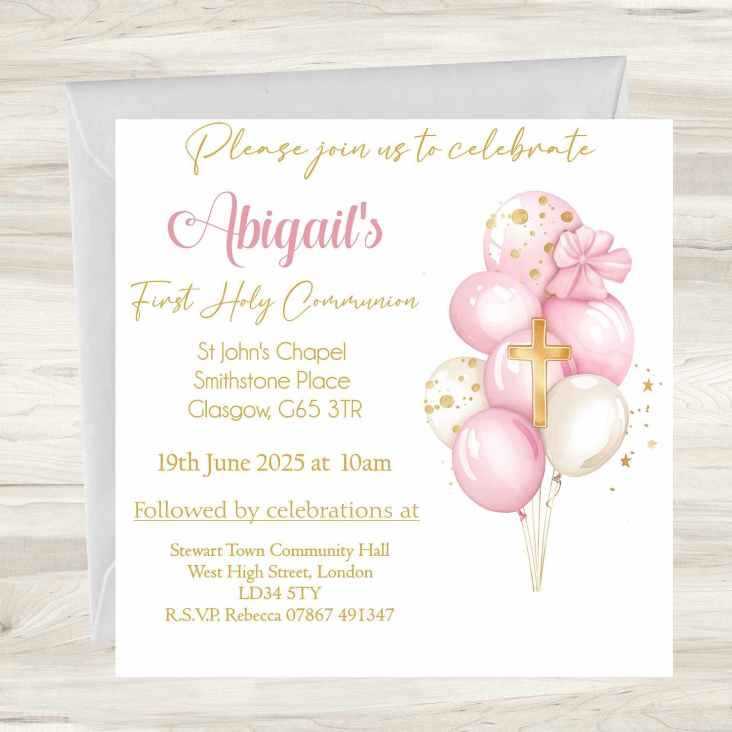 First Holy Communion Invitations Pink Balloons