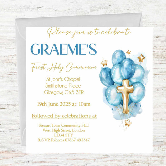 First Holy Communion Invitations Blue Balloons