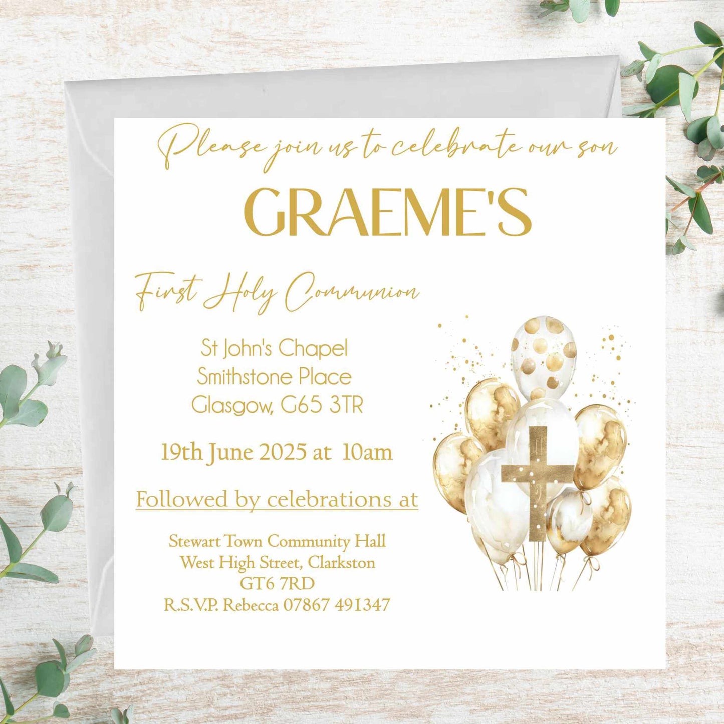 Gold Balloons First Holy Communion Invitations