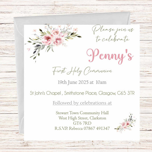 Pink Floral Spray First Holy Communion Invitations