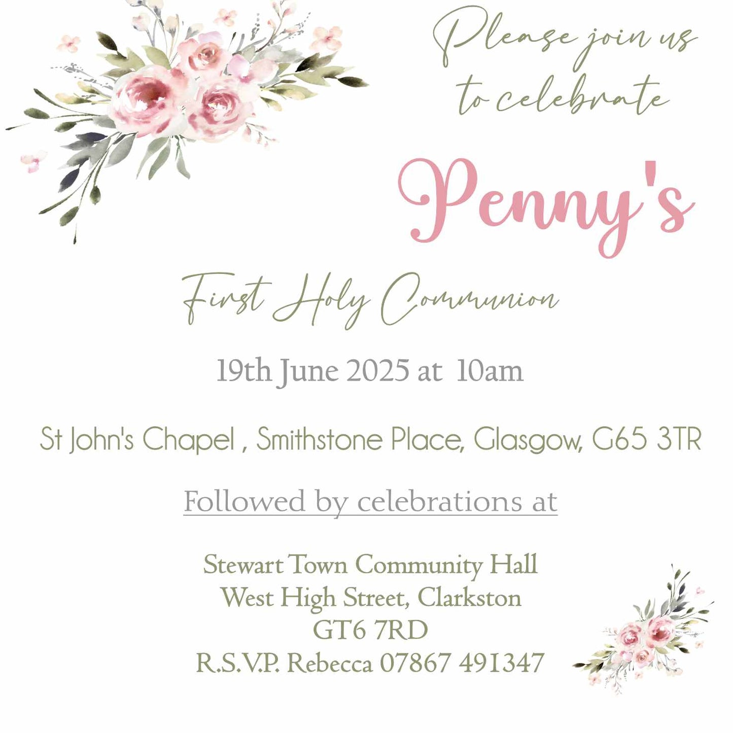 Pink Floral Spray First Holy Communion Invitations