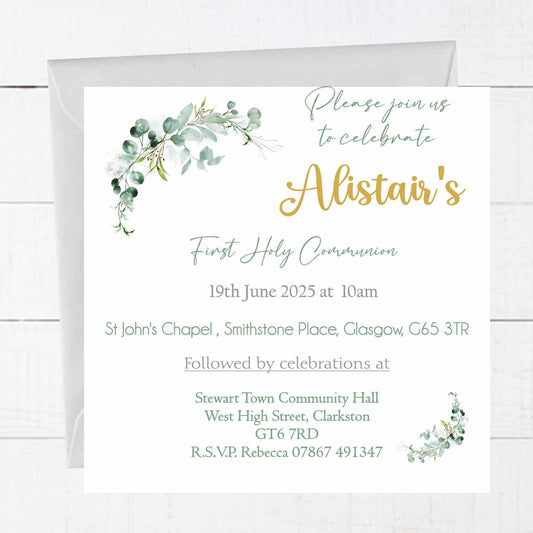 Greenery First Holy Communion Invitations