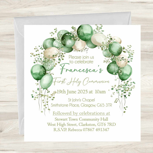 Green Balloon Arch First Holy Communion Invitations