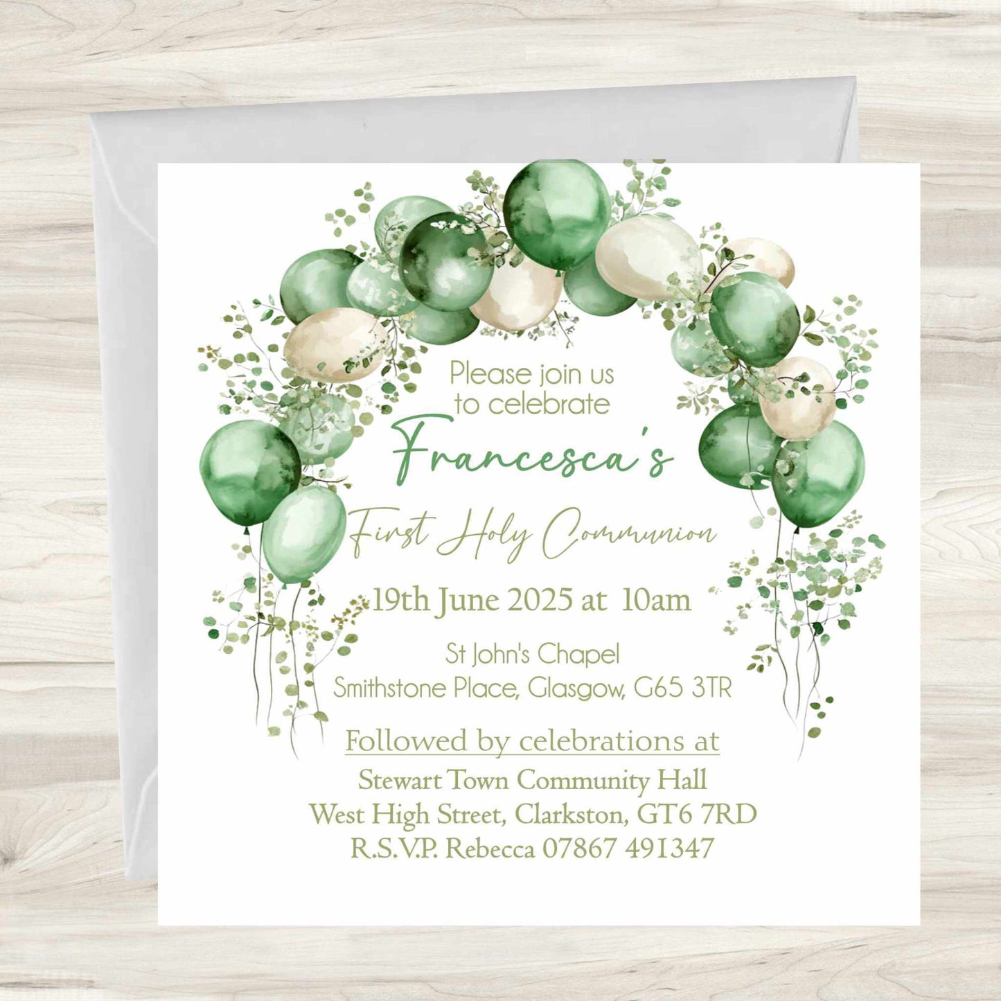 Green Balloon Arch First Holy Communion Invitations