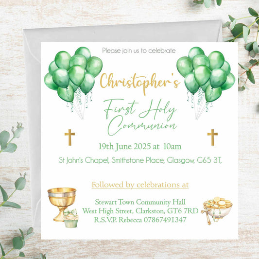 Green Balloons First Holy Communion Invitations