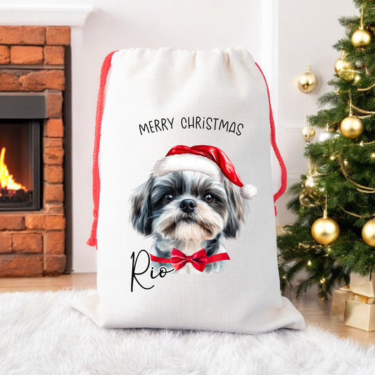 personalised christmas santa sack for dogs, red drawstring bag, with your dogs name on the front. Perfect for dog lovers