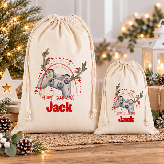 Personalised Cotton Christmas Santa Sack For Children Gamer Gaming