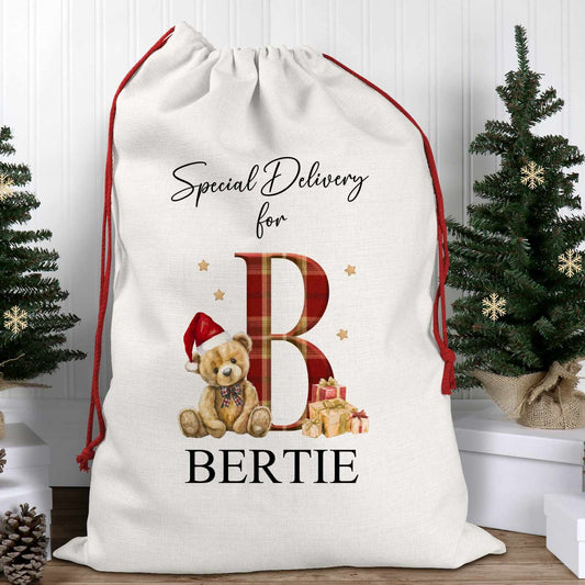 Personalised Christmas Santa Sack – Teddy Bear Tartan Initial
