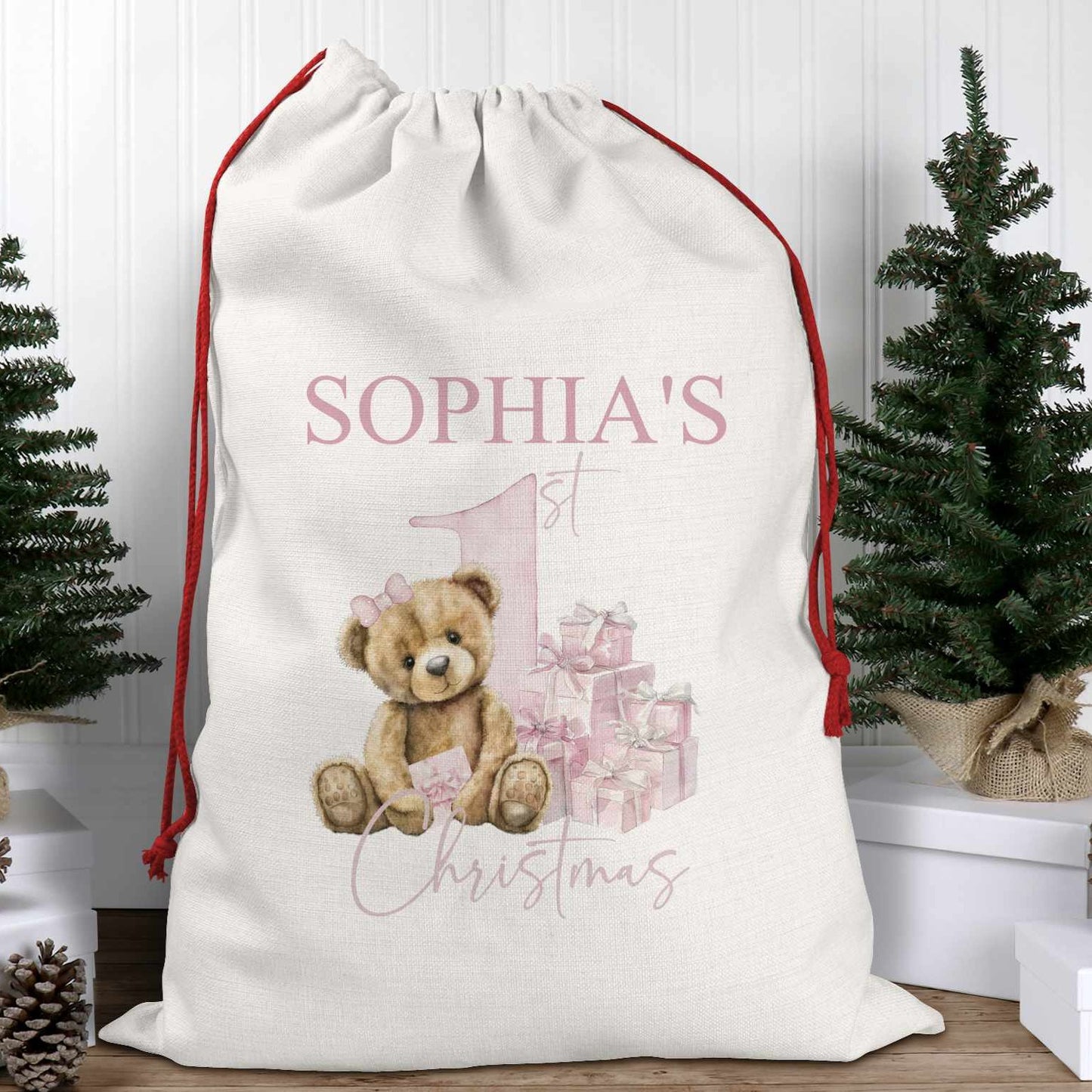 Personalised Christmas Santa Sack – Teddy Bear First Christmas Pink