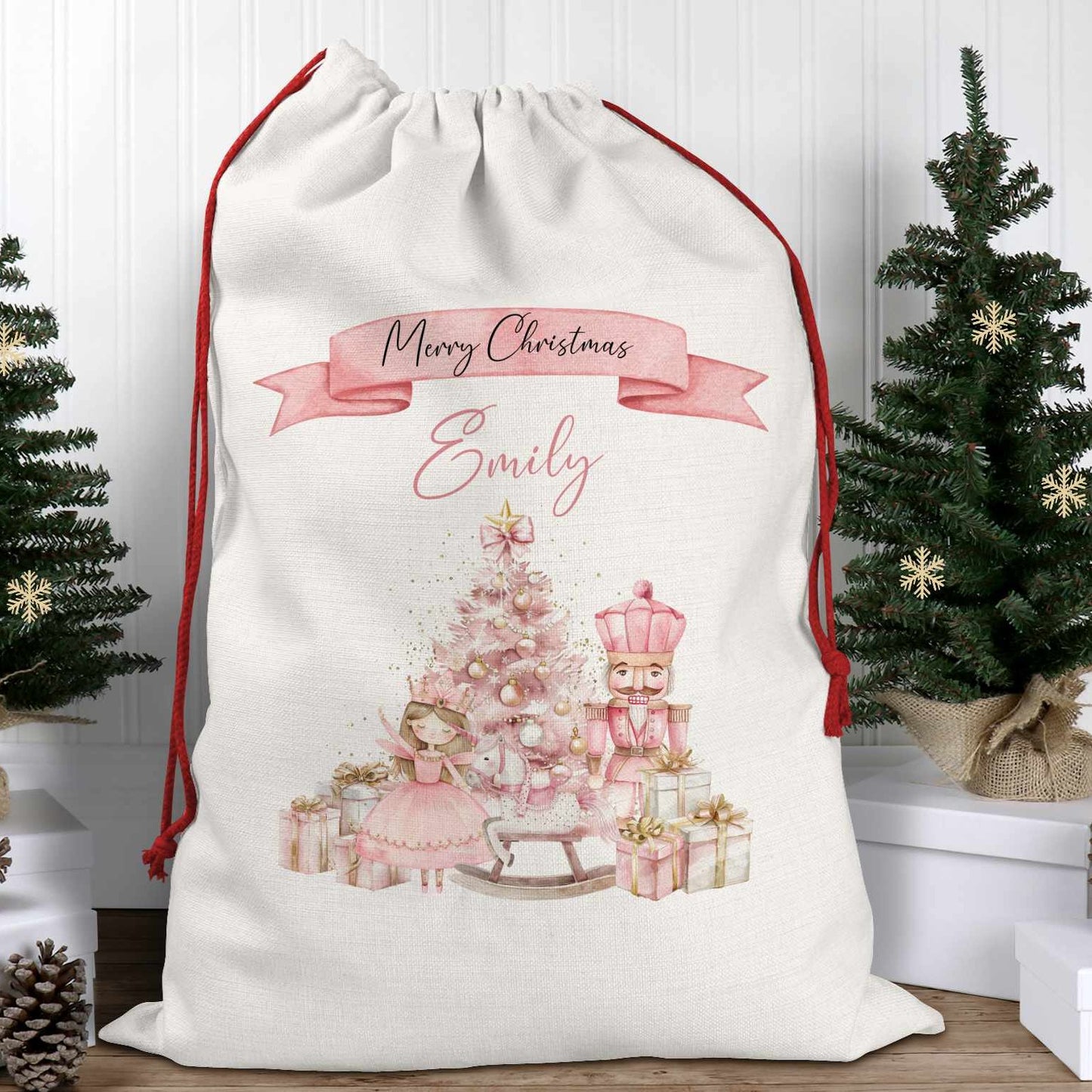 CHRISTMAS SACK WITH CHILDS NAME AND PINK SUGARPLUM FAIRY NUTCRACKER DESIGN