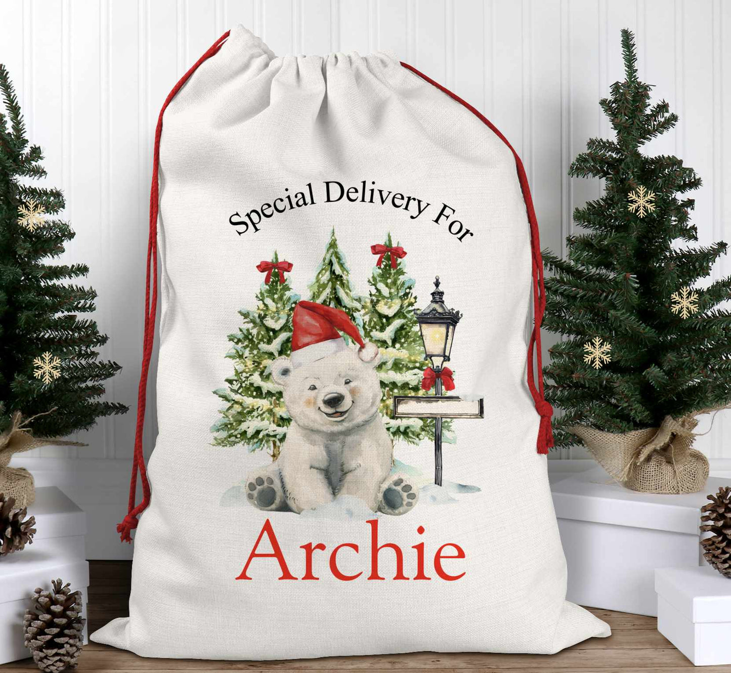 SANTA SACK WITH NAME AND POLAR BEAR DESIGN