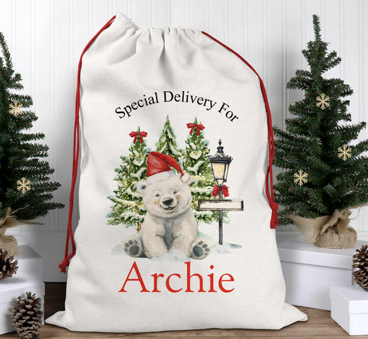 SANTA SACK WITH NAME AND POLAR BEAR DESIGN