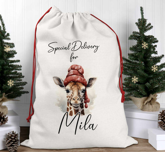 christmas santa sack saying special delivery for and your childs name.