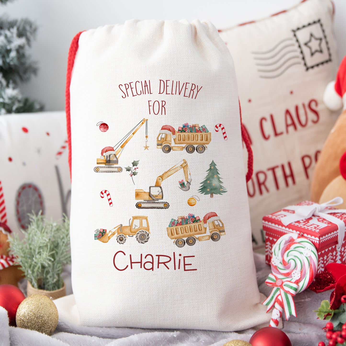 Personalised Santa Sack, Construction Diggers Gift Sack for Kids or Adults