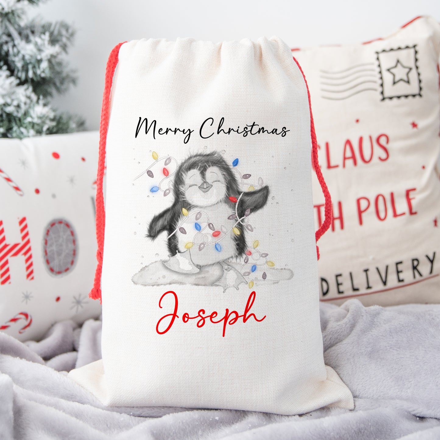 Personalised Santa Sack, Penguin Gift Sack for Kids or Adults