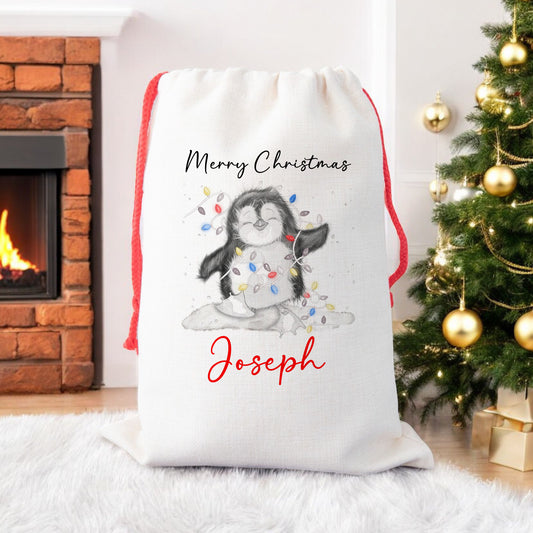 Personalised Santa Sack, Penguin Gift Sack for Kids or Adults
