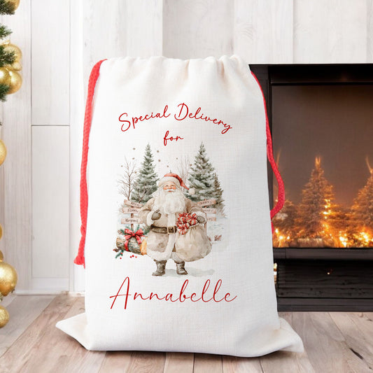 Personalised Christmas Santa Gift Sack – Rustic Santa Design – Custom Name Christmas Sack