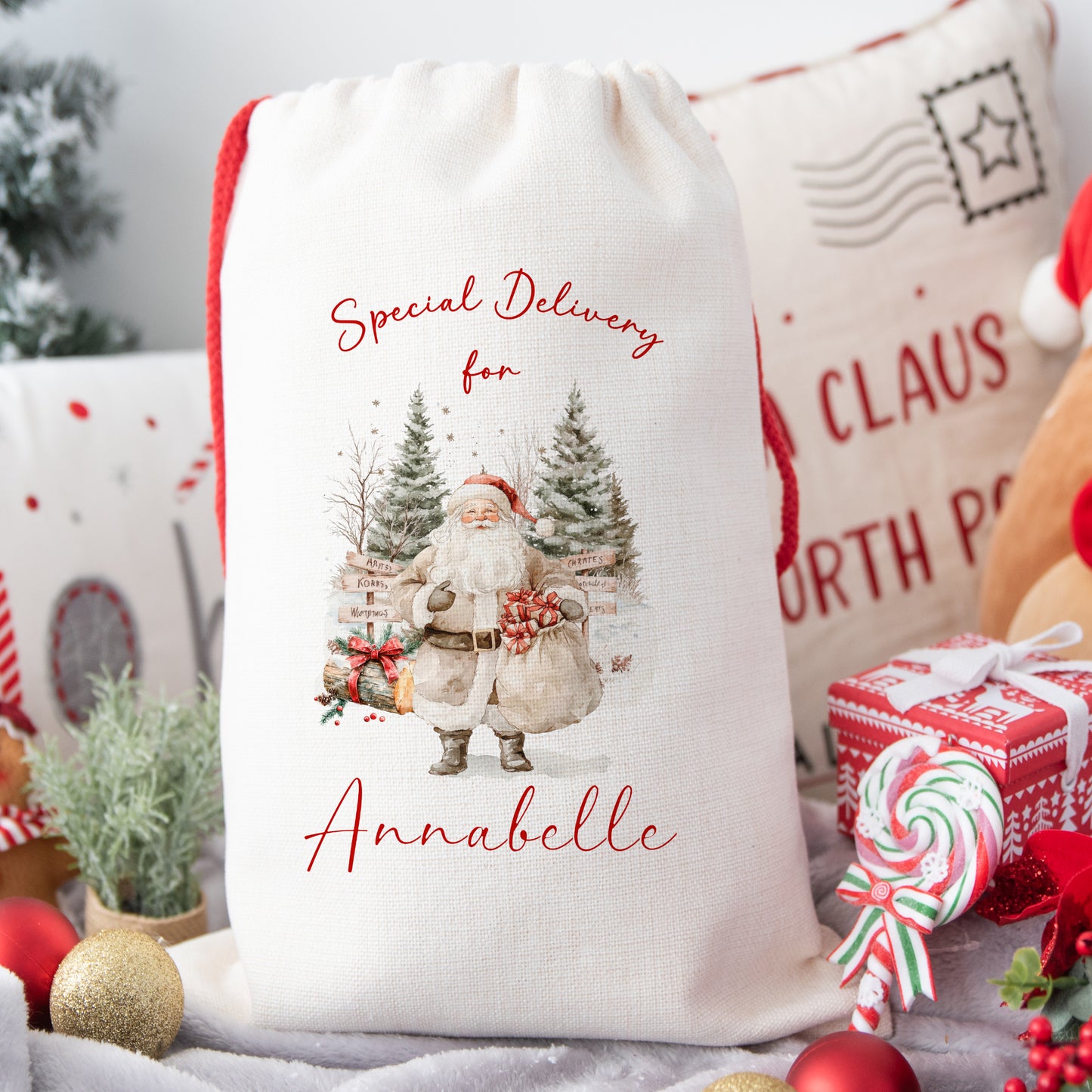 Personalised Christmas Santa Gift Sack – Rustic Santa Design – Custom Name Christmas Sack