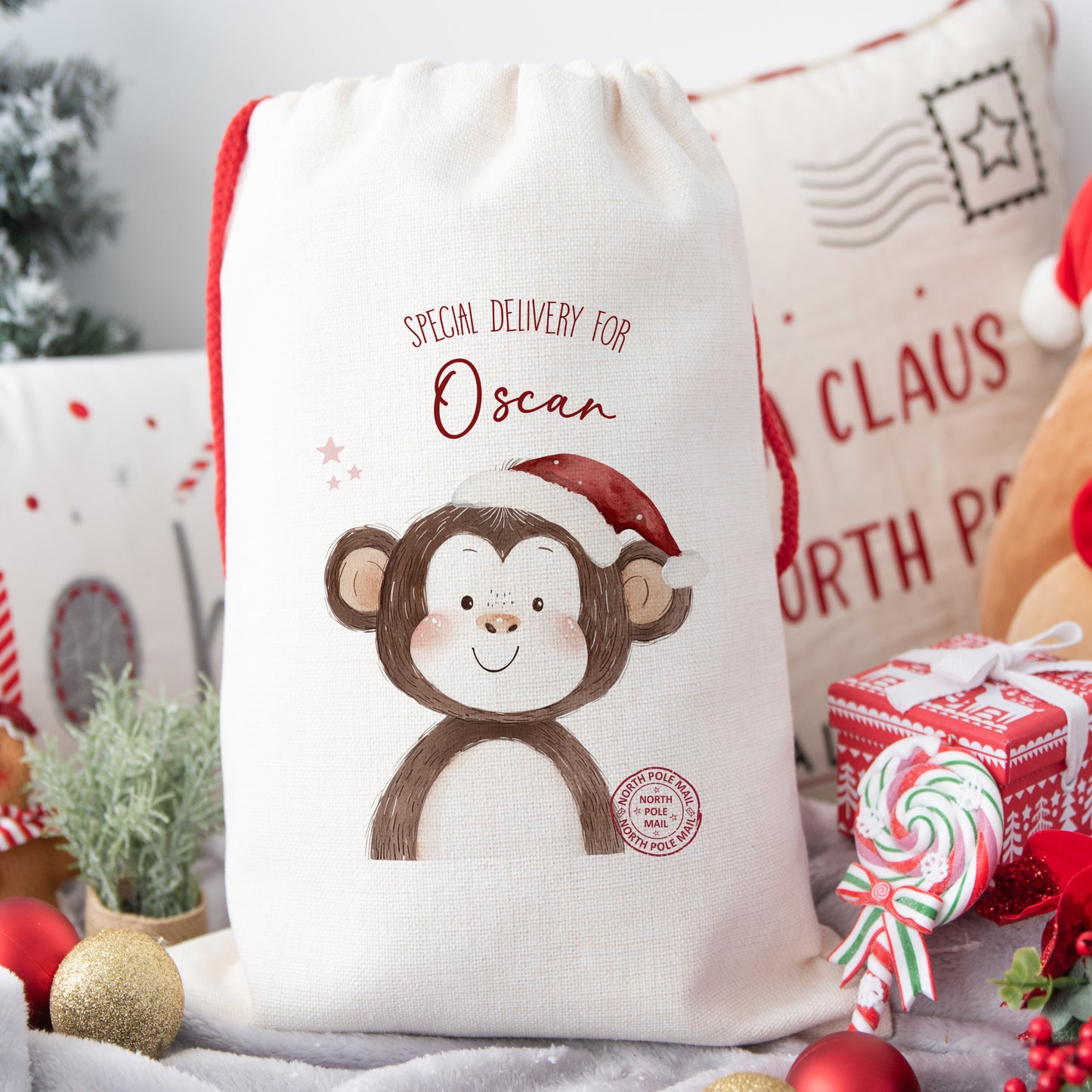 Personalised Santa Sack, Gift Sack for Kids or Adults, Monkey
