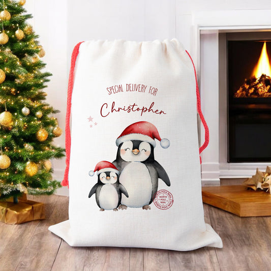 Personalised Santa Sack, Gift Sack for Kids or Adults, Penguins