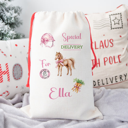 Personalised Christmas Santa Gift Sack – Pink Horse Design – Custom Name Christmas Sack for Girls & Pony Lovers
