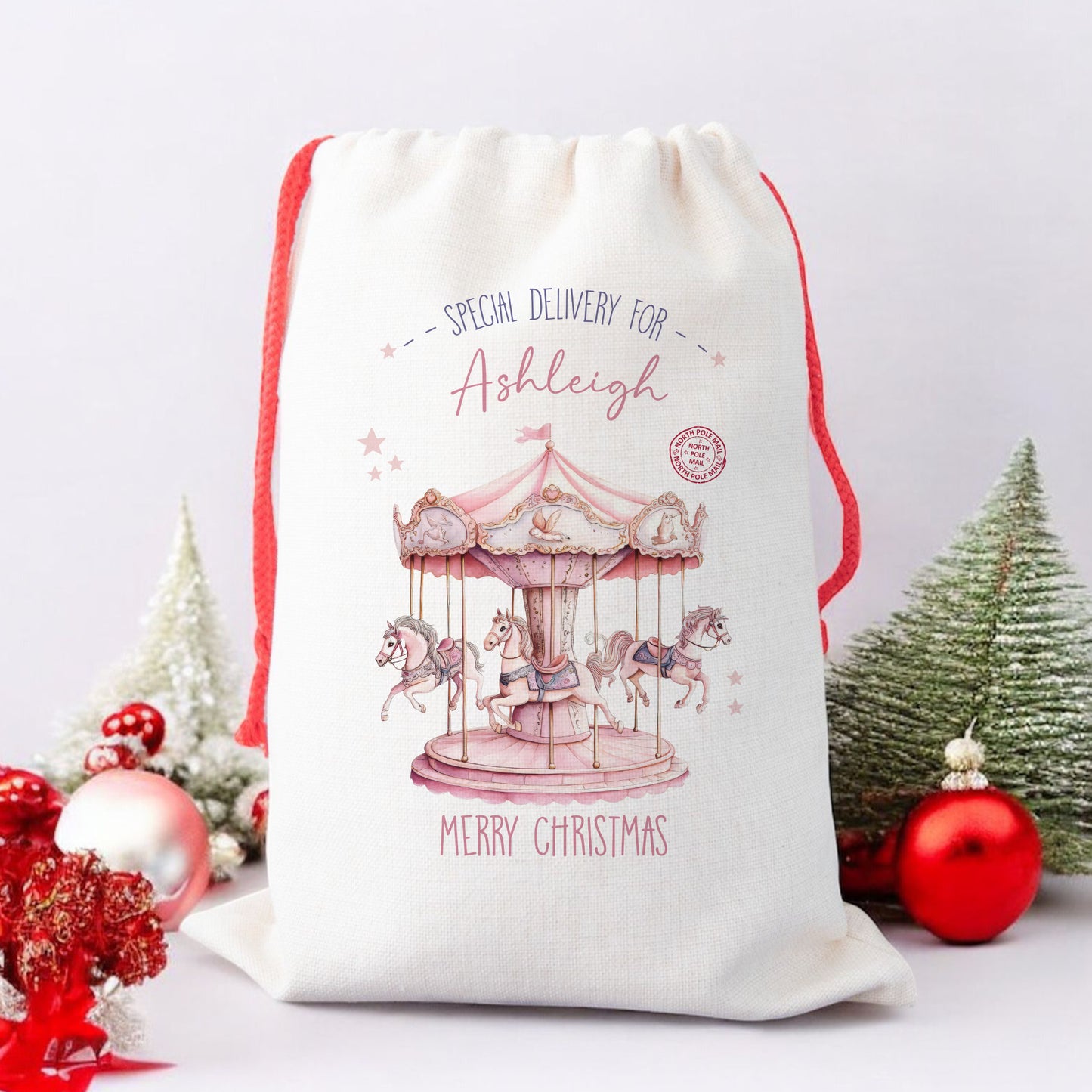 Personalised Christmas Santa Gift Sack – Pink Horse Carousel Design – Custom Name Christmas Sack for Girls & Pony Lovers