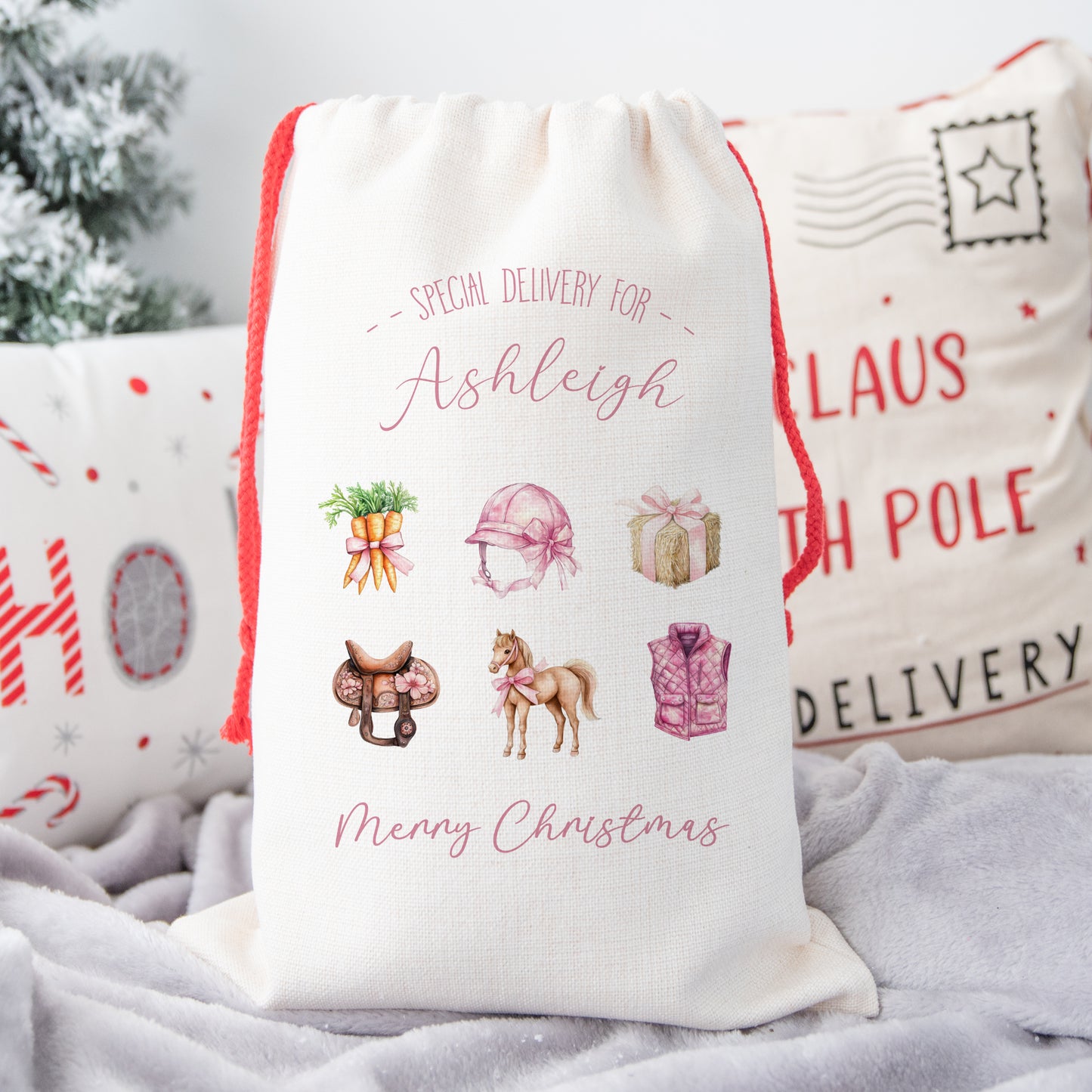 Personalised Christmas Santa Gift Sack – Pink Horse Design – Custom Name Christmas Sack for Girls & Pony Lovers
