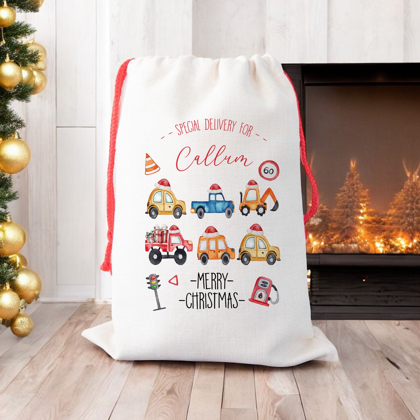 Personalised Christmas Santa Gift Sack – Transport Design with Cars, Trucks, Lorry – Custom Name Christmas Sack for Kids