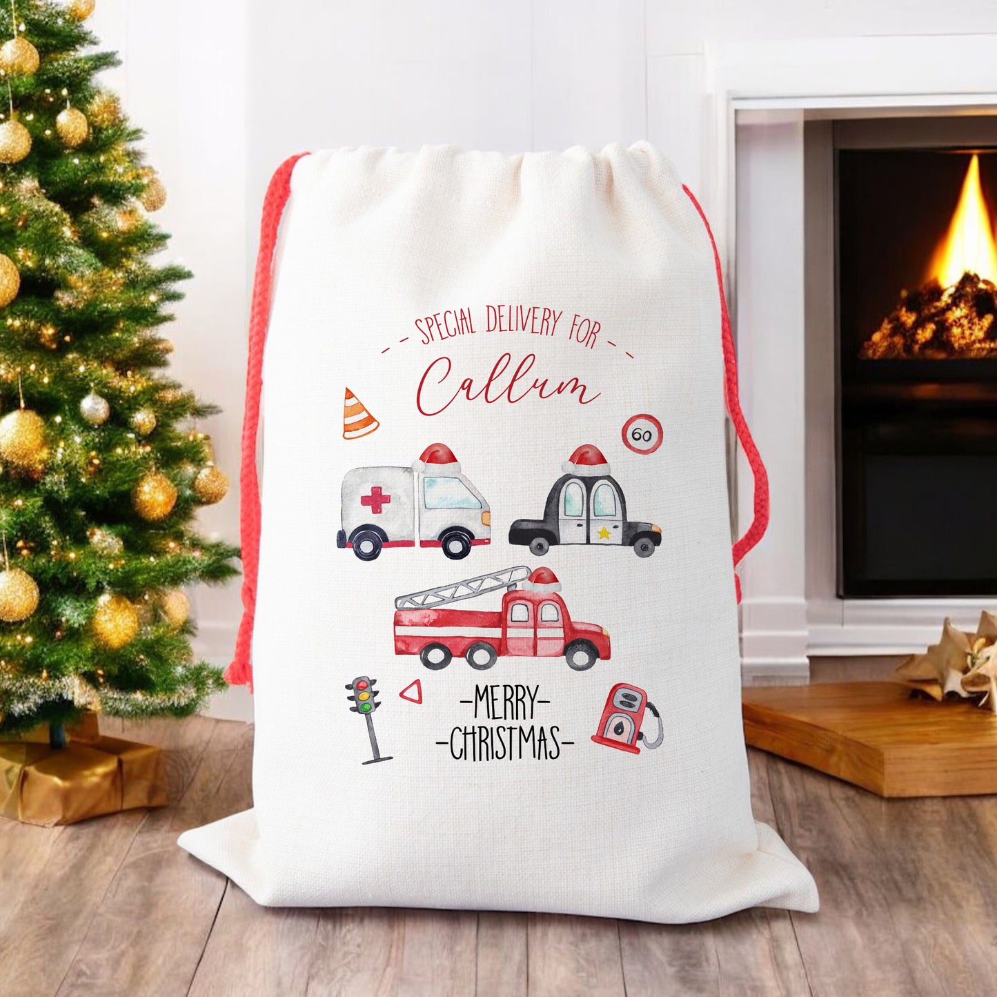 Personalised Christmas Santa Gift Sack – Emergency Vehicles Design – Ambulance, Police & Fire Brigade – Custom Name Christmas Sack for Kids