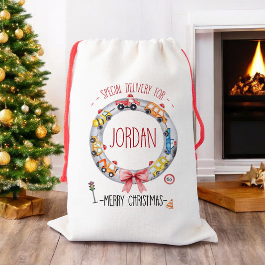 Personalised Christmas Santa Gift Sack – Transport Design with Cars, Trucks, Lorry – Custom Name Christmas Sack for Kids