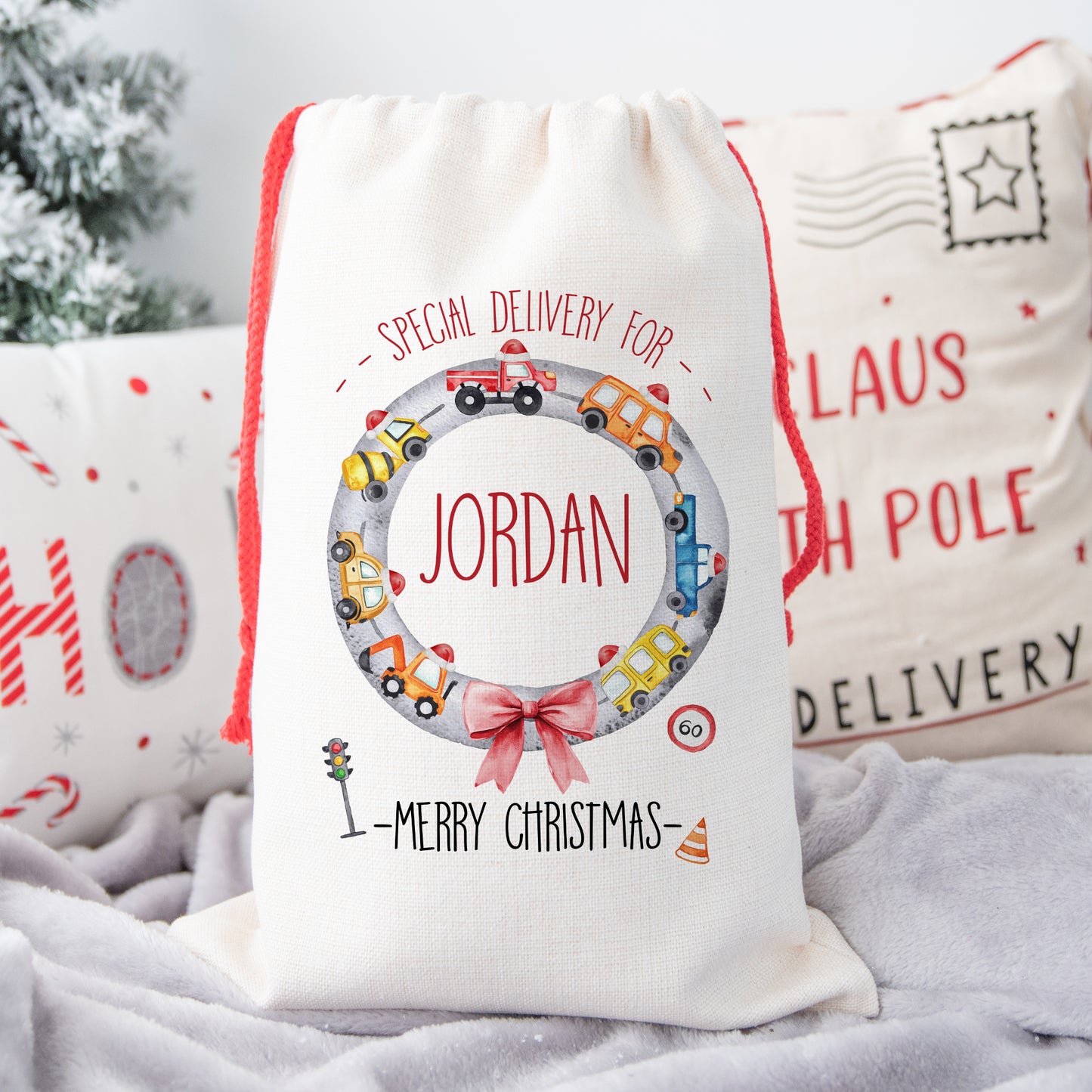 Personalised Christmas Santa Gift Sack – Transport Design with Cars, Trucks, Lorry – Custom Name Christmas Sack for Kids