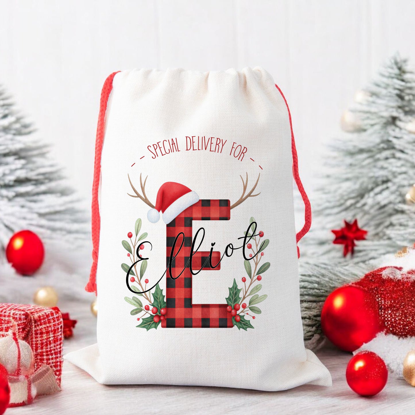 Personalised Christmas Santa Gift Sack – Red Plaid Reindeer Ears Design – Custom Name Christmas Sack
